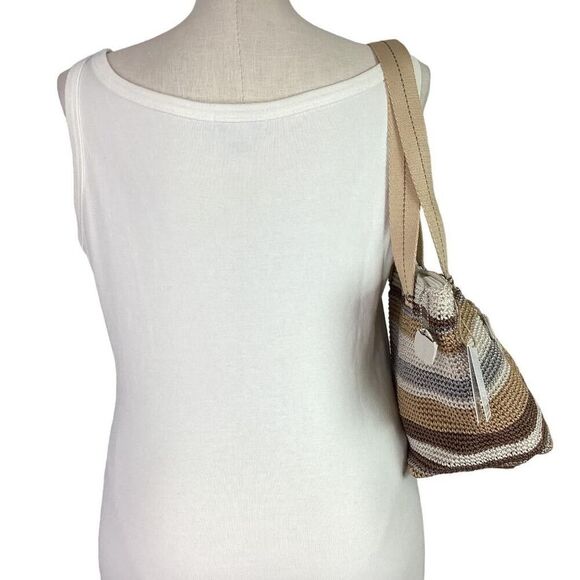 The Sak Tote Small Brown Mendocino Stripe Crochet Double Strap Zip Vegan NEW - Picture 6 of 12